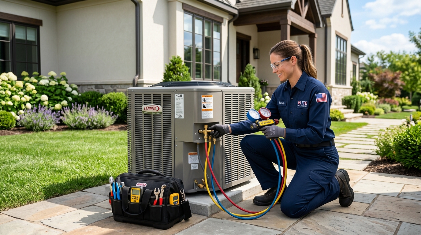 Accentor Heating and Air Conditioning HVAC technician servicing residential AC system unit